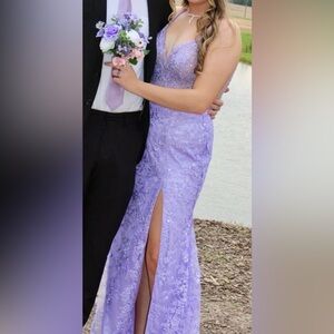 Sherri Hill Lavender Sequin Beaded Mermaid Style Open Back Prom Dress w/Flowers